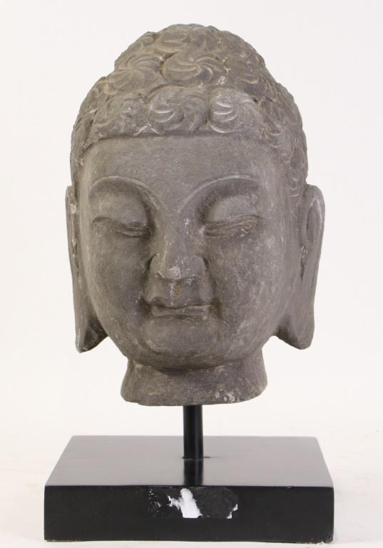 CARVED BASALT BUDDHA HEAD STATUE WITH BLACK BASE (1 of 4)