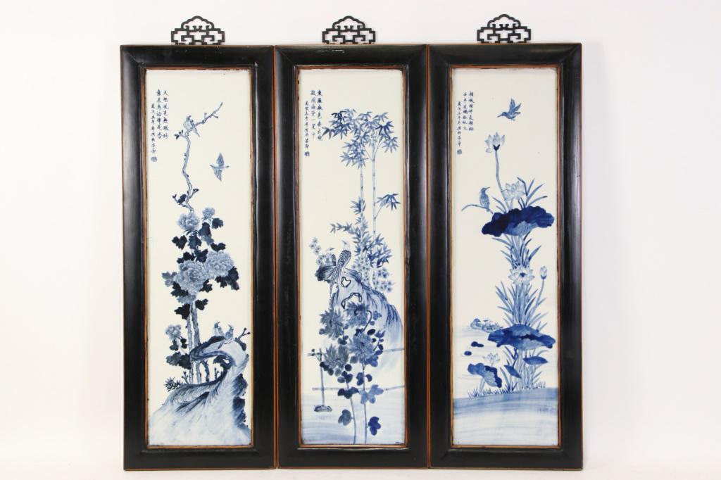 FRAMED CHINESE BLUE AND WHITE PORCELAIN PANEL (1 of 3)