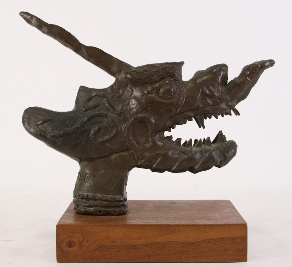 BRONZE DRAGON HEAD SCULPTURE ON WOODEN BASE (1 of 3)