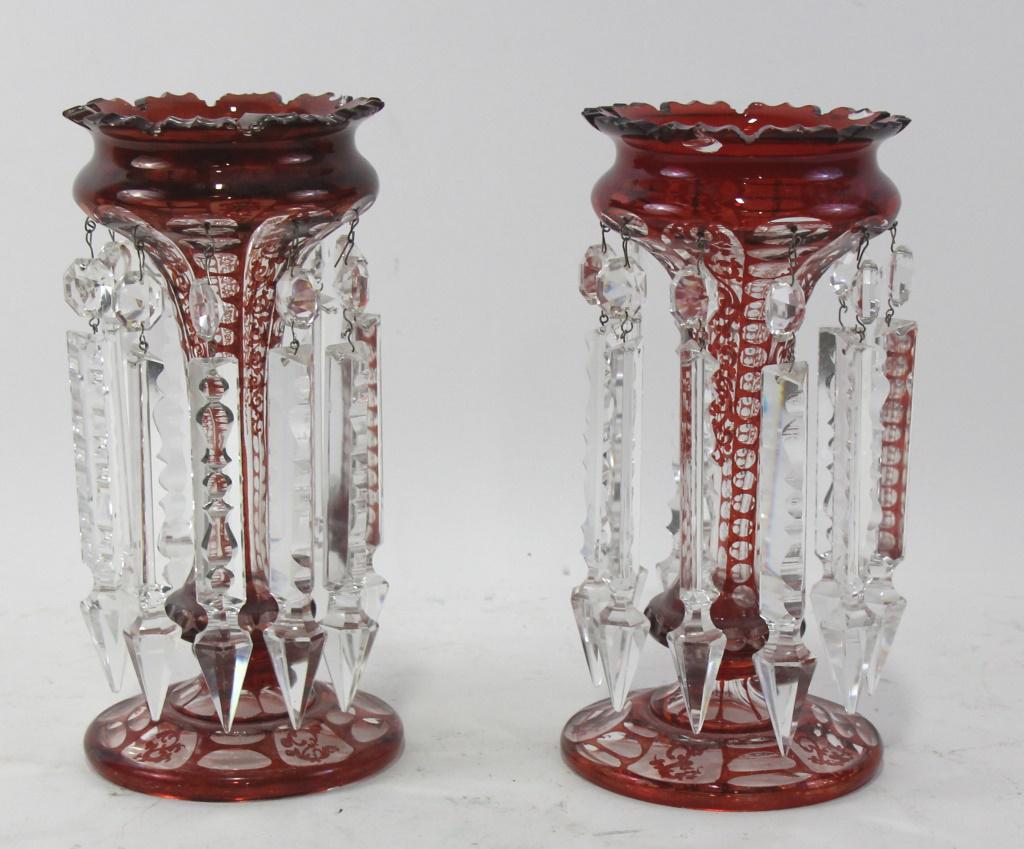 PAIR OF 19th C. RUBY CUT TO CLEAR GLASS GIRANDOLES (1 of 3)