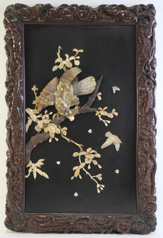 ANTIQUE CARVED CHINESE PANEL: ANTIQUE CARVED CHINESE PANEL WITH ABOLONI EAGLE ON FLOWERING CARVED BONE BRANCH IN CARVED FRAME. Height: 28 in. by Width: 18 in.