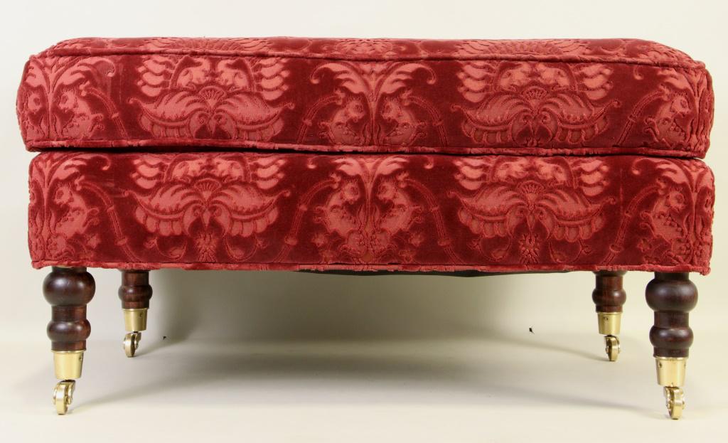 CUT RED VELVET OTTOMAN ON BRASS CASTERS (1 of 3)
