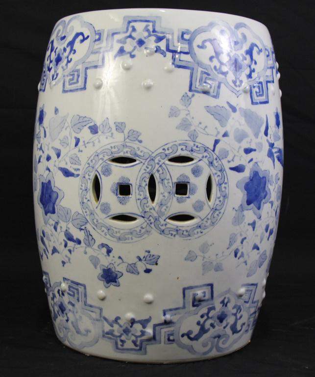 BLUE & WHITE PORCELAIN GARDEN STOOL: BLUE & WHITE PORCELAIN GARDEN STOOL. Height: 18 in. by Width: 14 in. by Depth: 14 in.