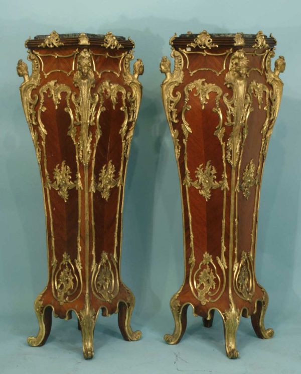 PAIR OF EMPIRE BURL WOOD AND GILT PEDESTALS. Hei