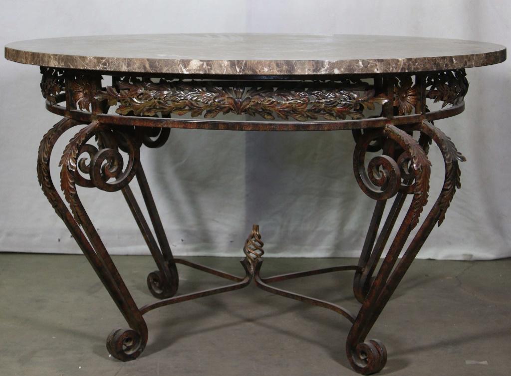 IRON BASE MARBLE TOP CENTER TABLE. (1 of 4)