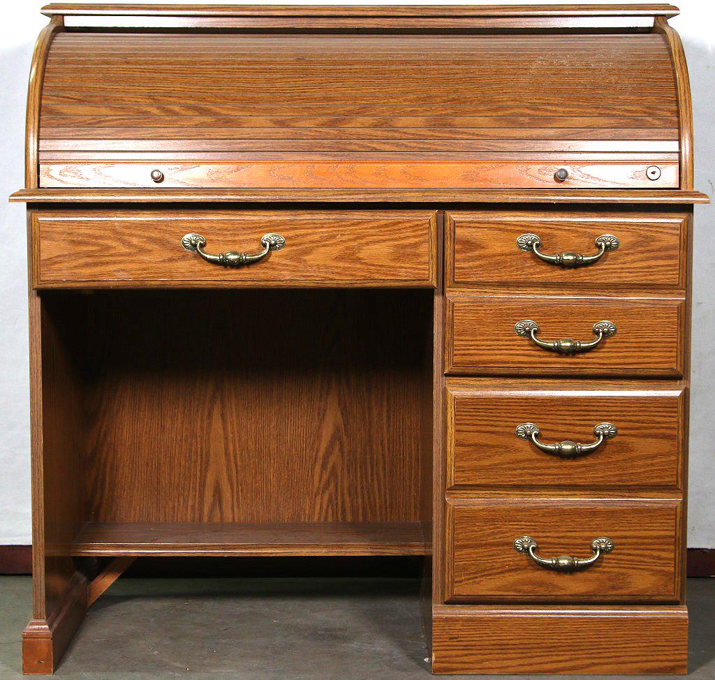 WOODEN ROLL TOP DESK: WOODEN ROLL TOP DESK. Height: 42 in. by Width: 42 in. by Depth: 22 in.