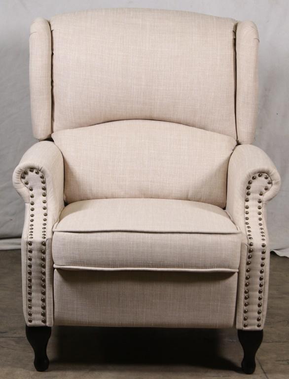 BEIGE LINEN FABRIC WINGBACK RECLINER: BEIGE LINEN FABRIC WINGBACK RECLINER. Height: 38 in. by Width: 31 in. by Depth: 32 in.