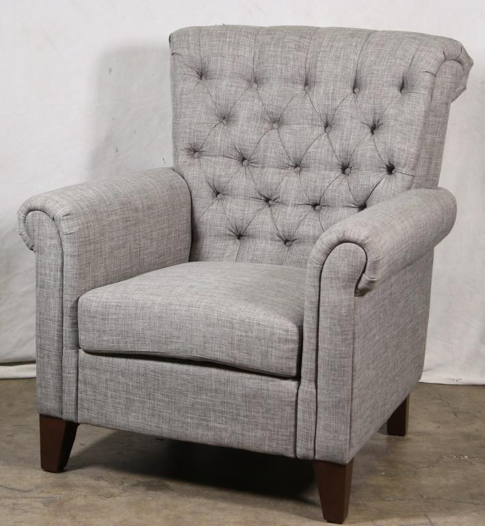 GREY LINEN BUTTON TUFTED ARMCHAIR (1 of 2)