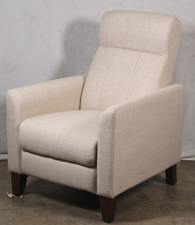 BEIGE FABRIC RECLINER: BEIGE FABRIC RECLINER Height: 40 in. by Width: 28 in. by Depth: 35