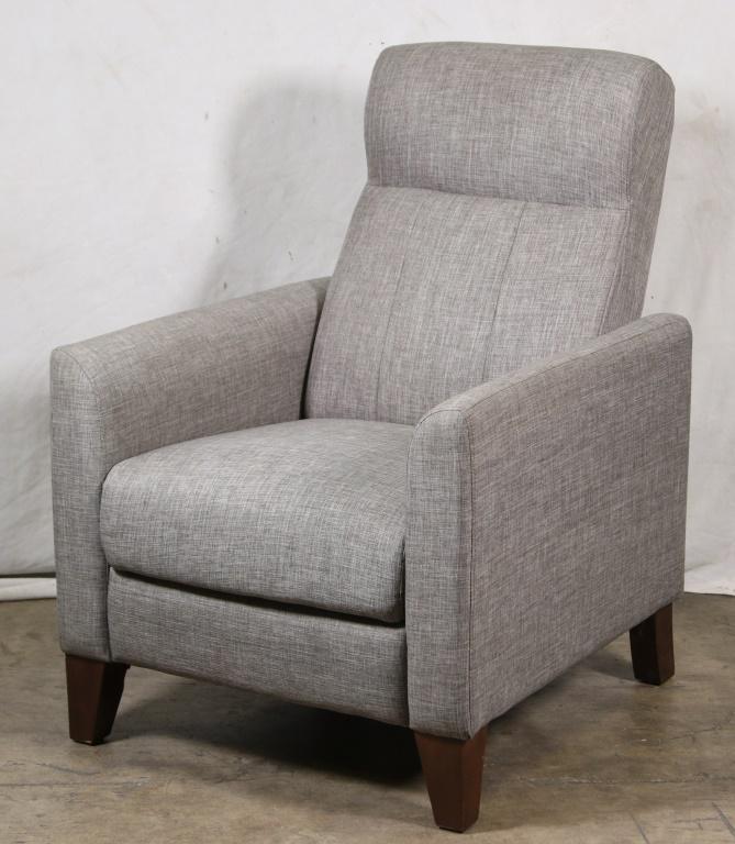 GREY FABRIC RECLINER: GREY FABRIC RECLINER Height: 38 in. by Width: 31 in. by Depth: 32