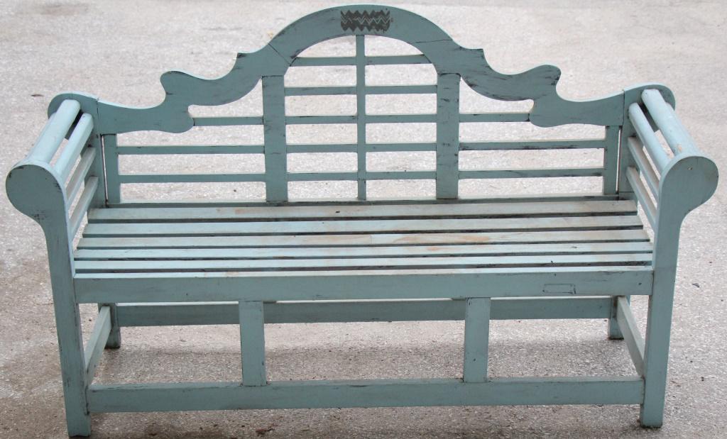 PAINTED WOODEN PATIO SETTEE: PAINTED WOODEN PATIO SETTEE. Height: 39 in. by Width: 66 in. by Depth: 22