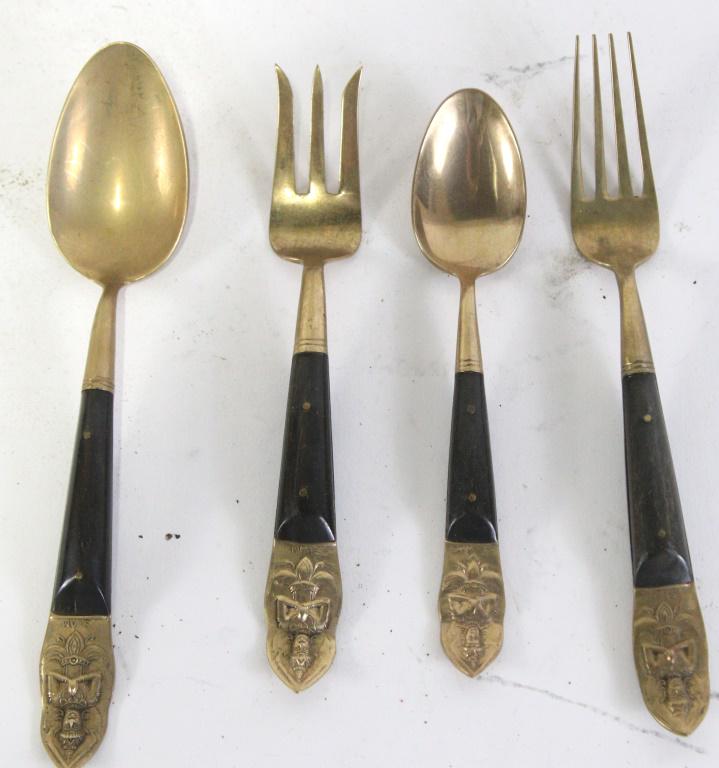 BRASS AND ROSEWOOD THAILAND LARGE FLATWEARE SET (1 of 2)
