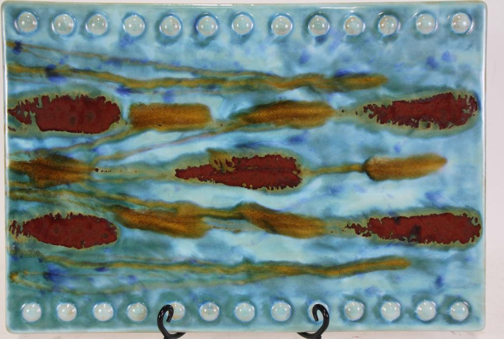 PAINTED & GLAZED CERAMIC ART TILE: PAINTED & GLAZED CERAMIC ART TILE. Height: 12 1/2 in. by Width: 18 1/2 in. by Depth: 1 IN.