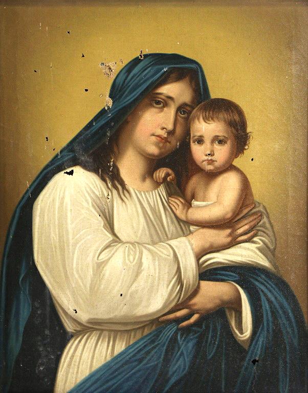 19th CENTURY MADONNA & CHILD PAINTING: 19th CENTURY MADONNA & CHILD PAINTING ON CANVAS. CANVAS HAS SEVERAL RIPS & TEARS. SOLD AS IS, Height: 30 1/2 & 19 in. by Width: 26 1/2 & 15 in.