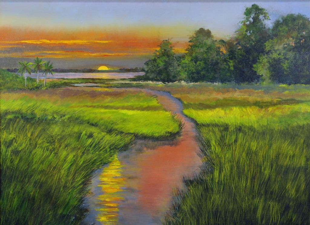 BETS DAVIS SUNRISE IN LOW COUNTRY" ORIGINAL ACRYLI: BETS DAVIS "SUNRISE IN LOW COUNTRY" ORIGINAL ACRYLIC ON CANVAS PAINTING. Height: 37 & 29 1/2 in. by Width: 47 & 39 in.