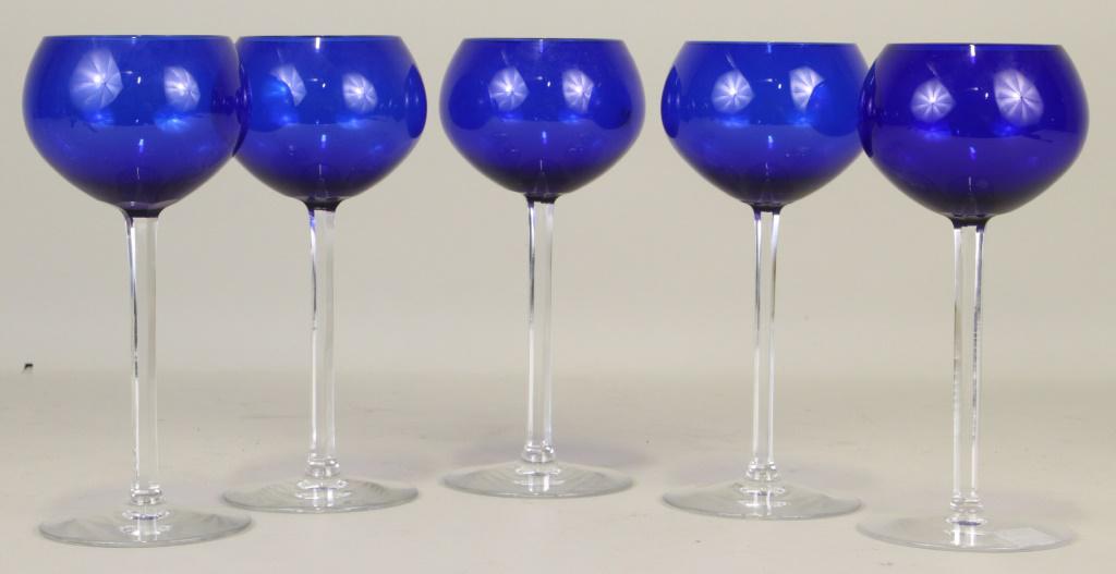 SET OF FIVE BLUE BACCARAT WINE GOBLETS: SET OF FIVE BLUE BACCARAT WINE GOBLETS Height: 7 in. by Width: 4 in. by Depth: 4
