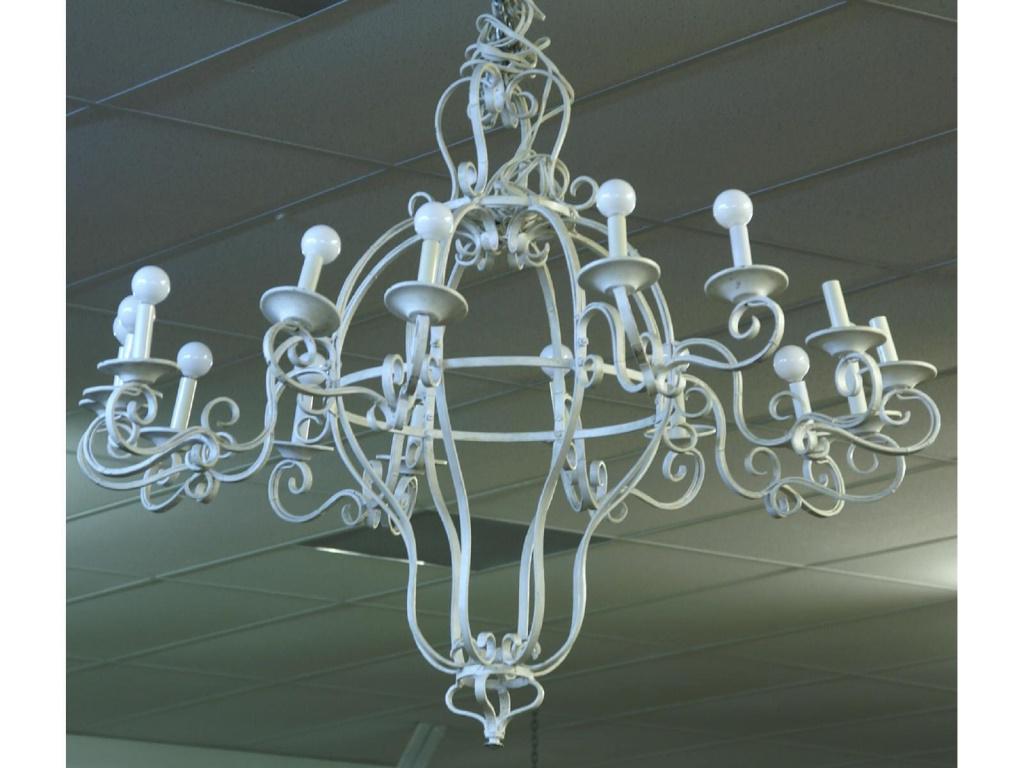 LARGE WHITE PAINTED METAL CHANDLIER: LARGE WHITE PAINTED METAL CHANDLIER.