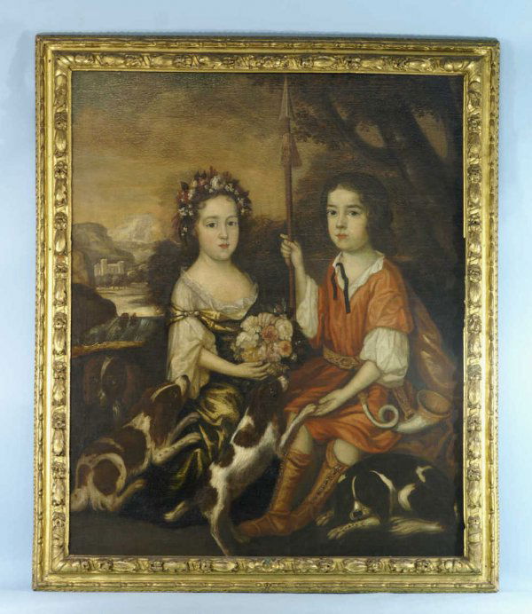18th C. OIL ON CANVAS. CIRCLE OF JOHN M. WRIGHT: 18th CENTURY FRAMED OIL ON CANVAS. CIRCLE OF JOHN MICHAEL WRIGHT. TWO CHILDREN AS A HUNTER AND FLORA. DOGS AT THE CHILDREN’S FEET. Height: 57 in. by Width: 47 in. by Depth: 3 in.