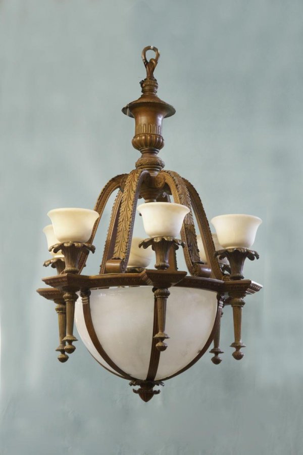 LARGE 6-LIGHT BRONZE CHANDLIER, CIRCA 1920's: LARGE 6-LIGHT BRONZE CHANDELIER WITH WHITE GLASS PANELS AND ALABASTER CUPS. CIRCA 1920's. Height: 48 in. by Width: 36 in.