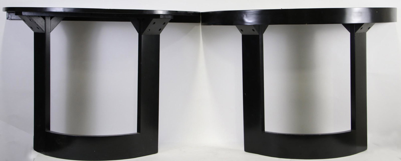 PAIR OF 1940: PAIR OF 1940'S ART DECO DEMILUNE TABLES FROM THE OLD HOUSTON CLUB. Both have no skirt. Height: 29 in. by Width: 42 in. by Depth: 20 in.