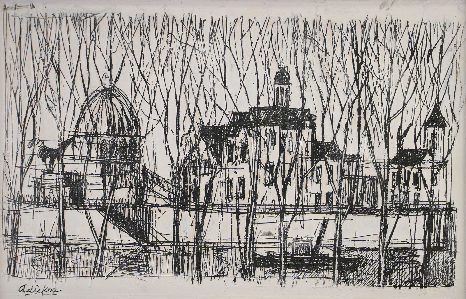 DAVID ADICKES EUROPEAN CITYSCAPE RELIEF: DAVID ADICKES EUROPEAN CITYSCAPE CARVED PLASTER RELIEF. Height: 11 & 9 in. by Width: 17 1/2 & 15 in. by Depth: 1 1/2 in.