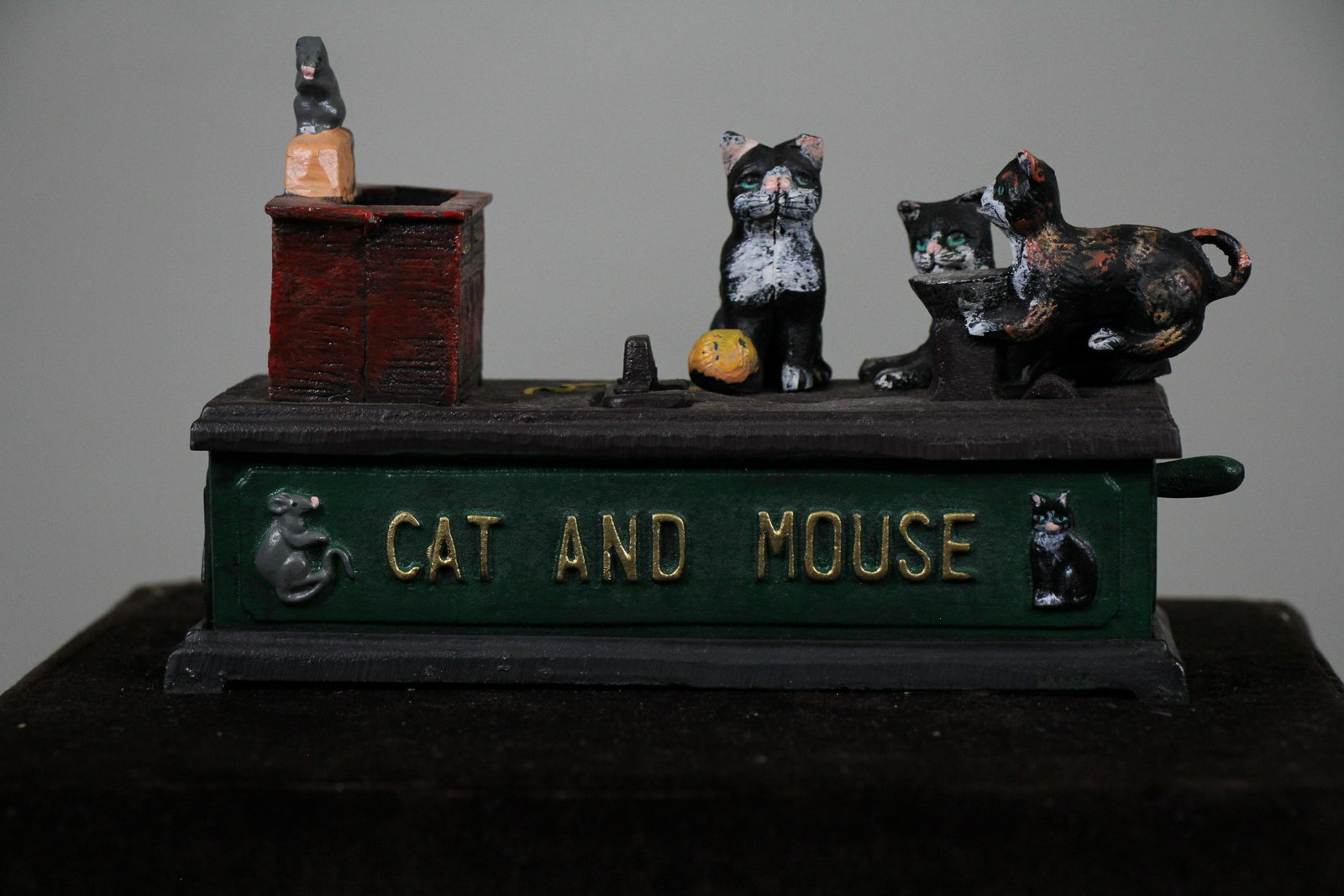 ANTIQUE CAST IRON CAT & MOUSE ACTION BANK: ANTIQUE CAST IRON CAT & MOUSE ACTION BANK - **FROM THE JOHN WALTON ESTATE** Height: 4 in. by Width: 8 in. by Depth: 3