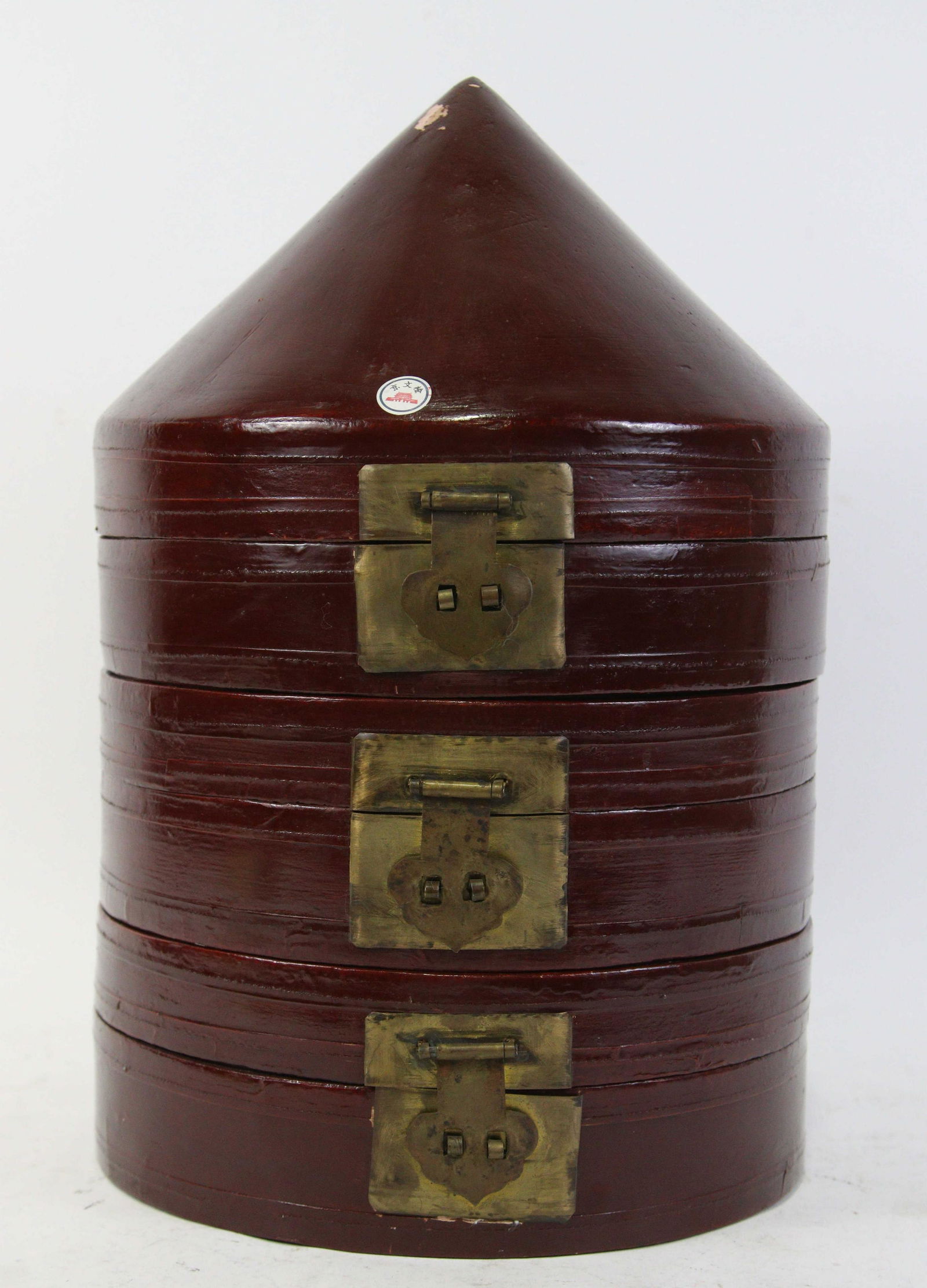ANTIQUE CHINESE LEATHER COVERED POINTED HAT BOX: ANTIQUE CHINESE LEATHER COVERED 3 SECTION POINTED HAT BOX Height: 17.5 in. by Width: 11.5 in. by Depth: 11.5 in.