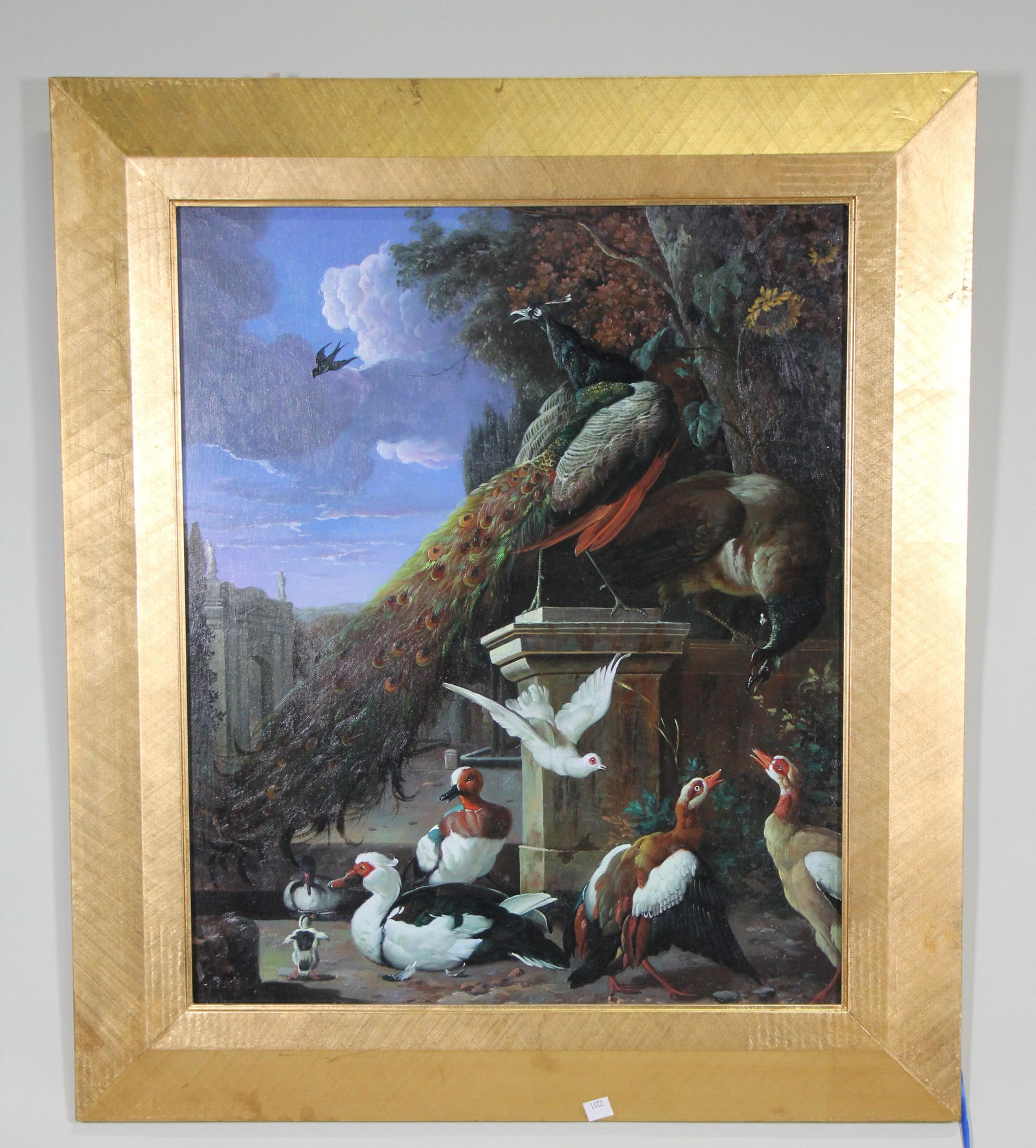 GABRIEL METSU (EUROPEAN 20th CENTURY) "FEATHERED FRIEND: GABRIEL METSU (EUROPEAN 20th CENTURY) "FEATHERED FRIENDS IN PARK" OIL ON BOARD PAINTING. Height: 24 in. by Width: 20