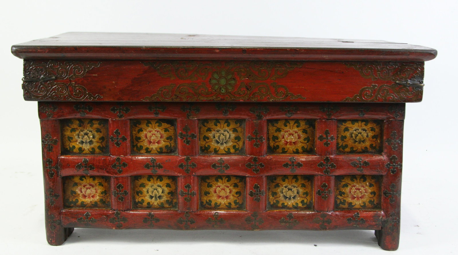 HAND PAINTED FOLDING TIBETAN TEA TABLE: HAND PAINTED FOLDING TIBETAN TEA TABLE. Height: 14 in. by Width: 27 in. by Depth: 14.5 in.