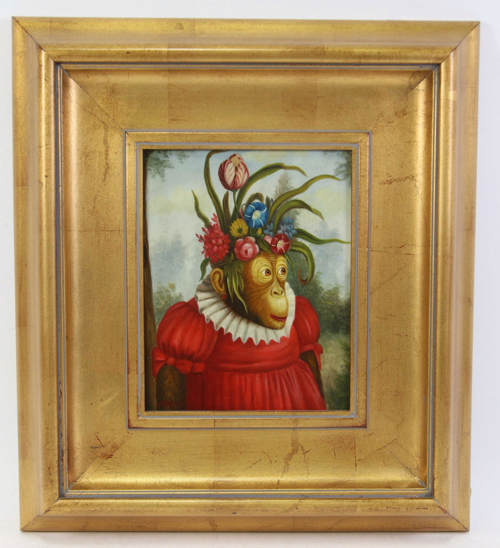 IN THE MANNER OF DONALD ROLLER WILSON MONKEY PAINTING: IN THE MANNER OF DONALD ROLLER WILSON MONKEY OIL ON CANVAS PAINTING. Height: 20 in. by Width: 17