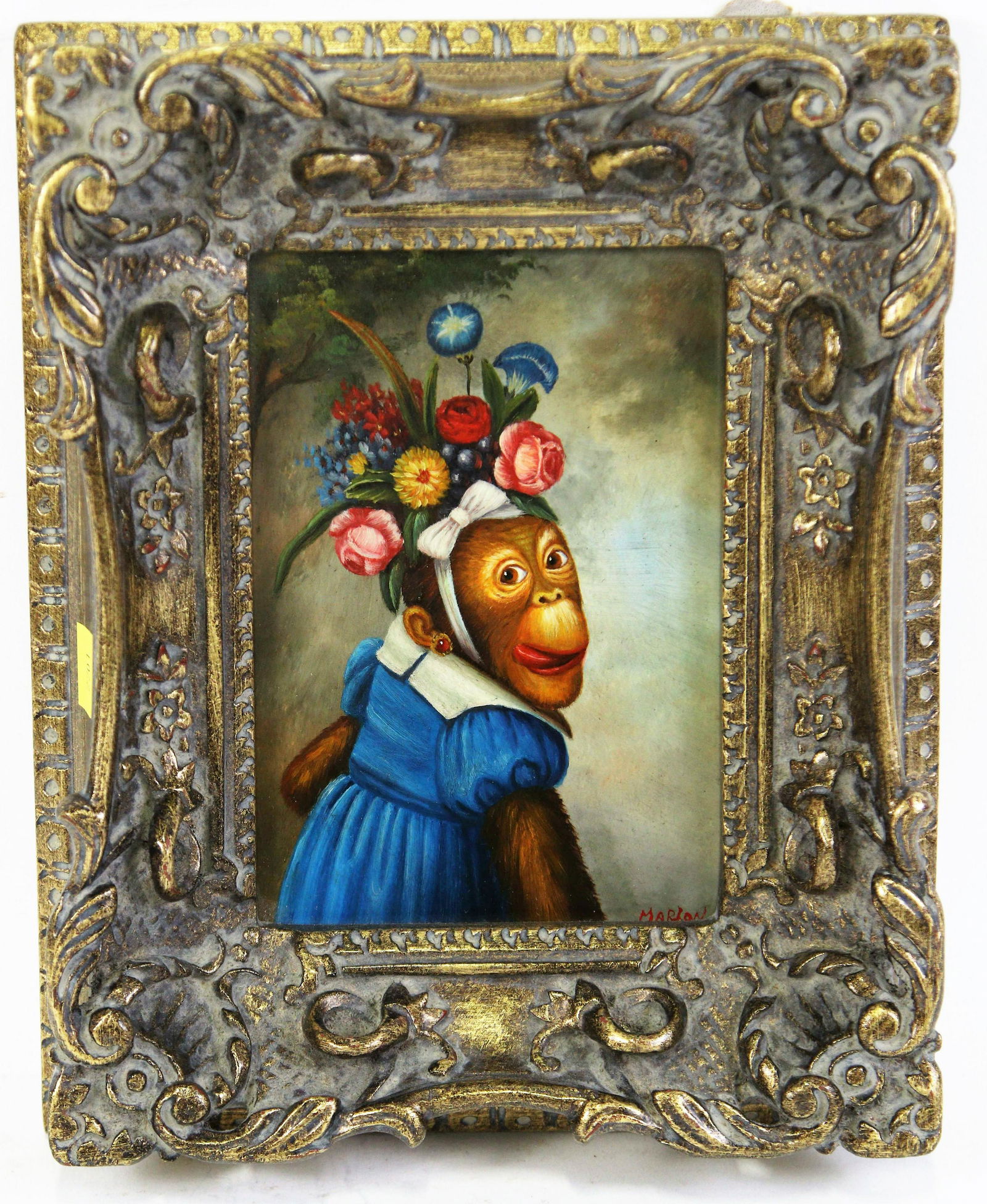 IN THE MANNER OF DONALD ROLLER WILSON MONKEY OIL: IN THE MANNER OF DONALD ROLLER WILSON MONKEY OIL ON PANEL PAINTING. Height: 10.50 in. by Width: 8.50