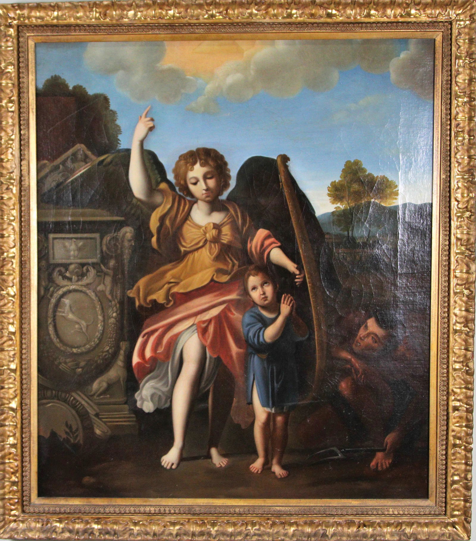 EARLY c.19TH CENTURY OIL ON CANVAS PAINTING: EARLY c.19TH CENTURY OIL ON CANVAS PAINTING - ITALIAN CHILD'S GUARDIAN ANGEL SHEILDING CHILD FROM THE DEVIL Height: 29 in. by Width: 33
