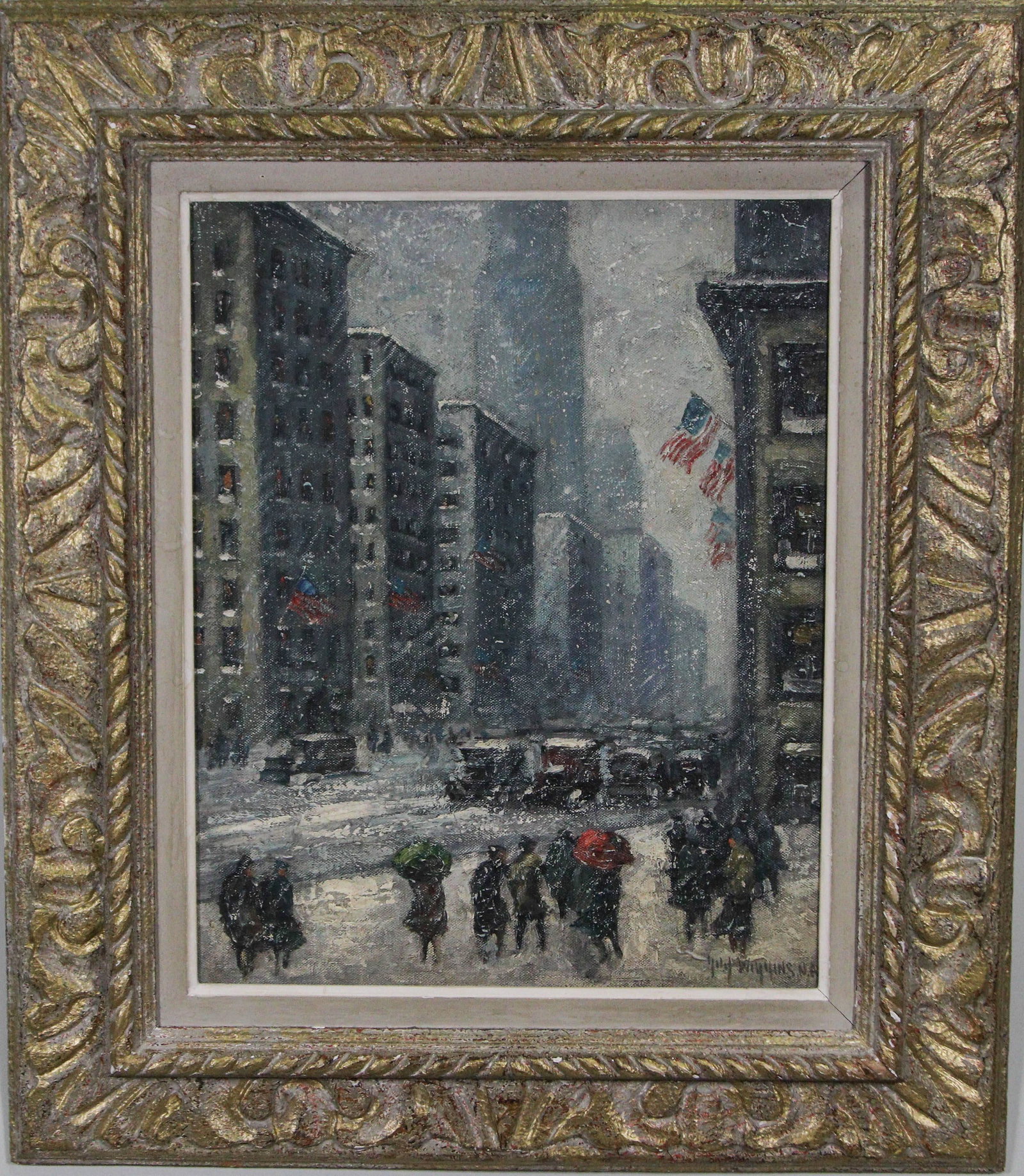 GUY WIGGINS MANHATTAN CITYSCAPE OIL ON CANVAS: GUY WIGGINS (AMERICAN 1883-1962) MANHATTAN CITYSCAPE OIL ON CANVAS PAINTING, CIRCA 1930's. Height: 25 in. by Width: 29