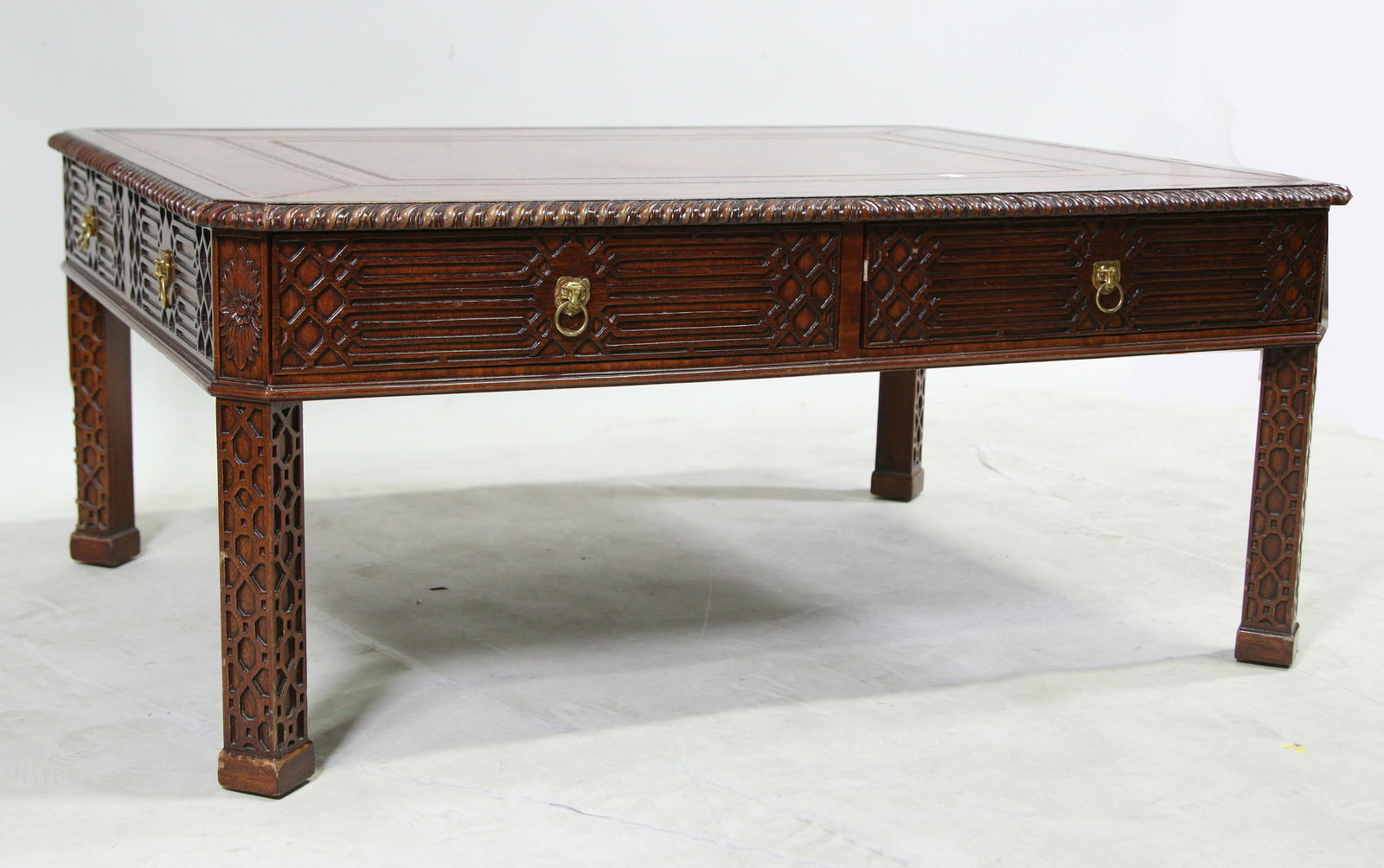 MAITLAND-SMITH CHINESE CHIPPENDALE STYLE COFFEE TABLE: MAITLAND-SMITH CHINESE CHIPPENDALE STYLE COFFEE TABLE WITH LEATHER TOP Height: 17.5 in. by Width: 40 in. by Depth: 30
