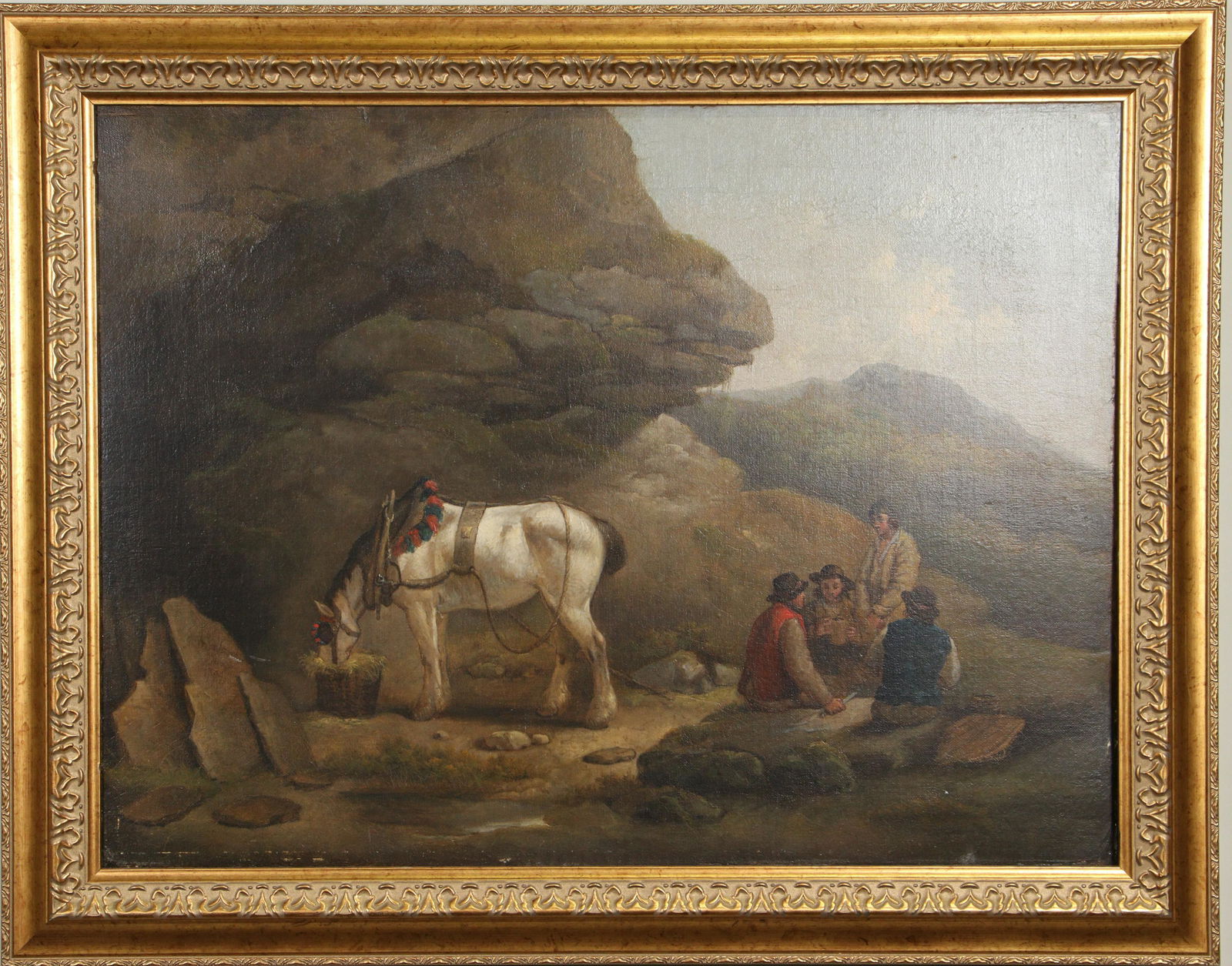 GEORGE MORLAND "STOPPING FOR A MEAL" OIL PAINTING: GEORGE MORLAND "STOPPING FOR A MEAL" OIL ON CANVAS. SIGNED LEFT, 1763-1804. CIRCA: 1794. Height: 22 1/2 & 23 in. by Width: 28 1/2 & 17 1/2 in.