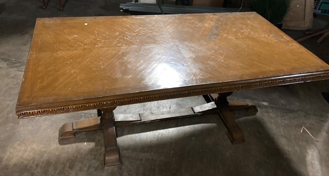 OAK DINING ROOM TABLE: OAK DINING ROOM TABLE - NEEDS REFINISHINGH 31" X L 78" X W 39"**FROM THE JOHN WALTON ESTATE**