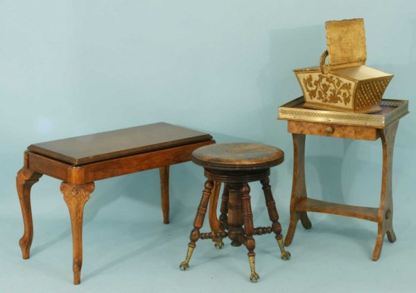 PIANO STOOL, LIDDED BOX, TABLE, AND A PIANO BENCH
