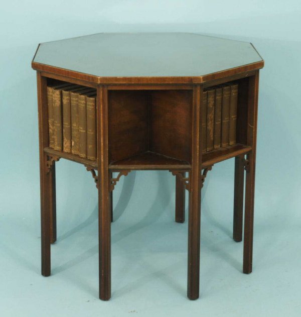 MAHOGANY OCTAGONAL BOOKCASE WITH GLASS TOP