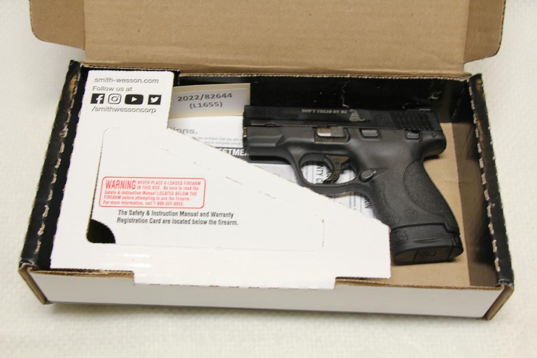 S&W M&P 9 SHIELD PISTOL (NEW): SMITH AND WESSON M&P 9 SHEILD PISTOL - "DON’T TREAD ON ME" ENGRAVED, MANUAL SAFETY, 8+1 CAPACITY (NEW) CALIBER: 9MM; SERIAL NUMBER: JEE9228;