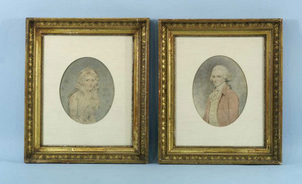 ANTIQUE WATERCOLORS SIGNED "JOHN DOWNMAN": ANTIQUE PAIR OF FRAMED WATERCOLORS OF MISS ABBOTT AND AN UNIDENTIFIED MAN. Signed "JOHN DOWNMAN". (1750 - 1824) Height: 17 in. by Width: 14 1/2 in. by Depth: 2 in.