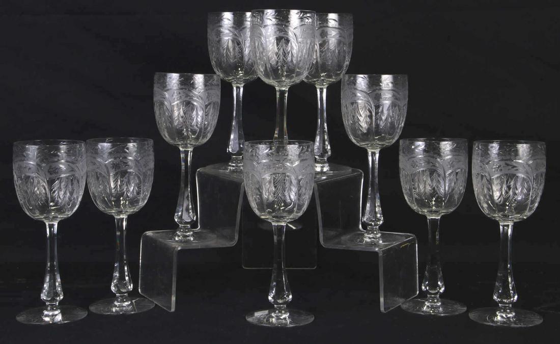 SET OF ETCHED WINE GLASSES: SET OF ETCHED WINE GLASSES. Height: 8 in. by Width: 3 1/2 in. by Depth: 3 1/2 in.
