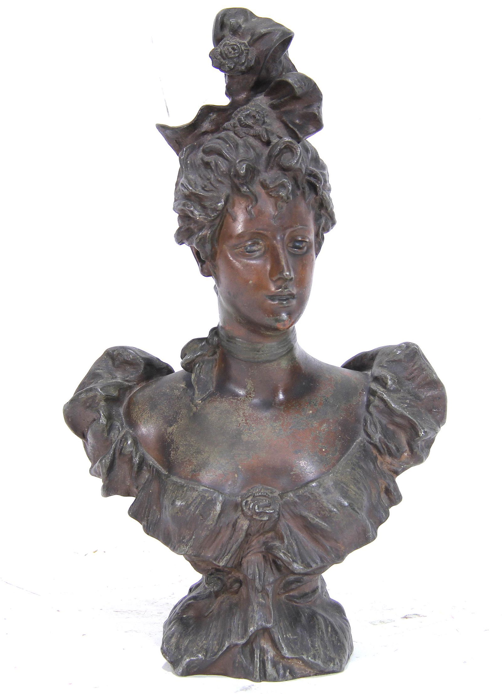 P. RIGUAL ART NOUVEAU SPELTER BRONZE FINISH BUST (1 of 3)