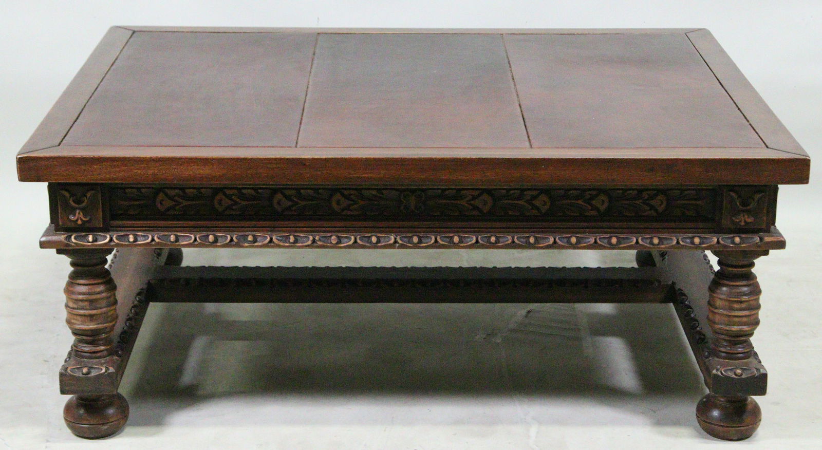 BROWN LEATHER TOP CARVED COFFEE (1 of 5)