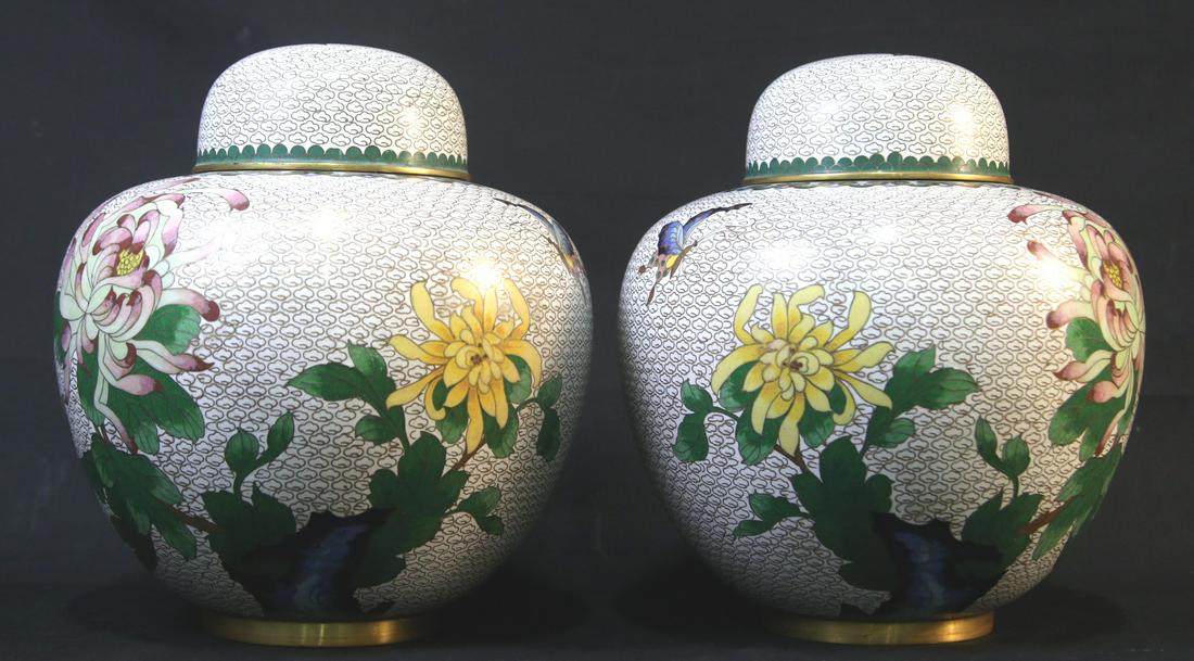 VINTAGE CLOISONNE LIDDED JARS: VINTAGE CLOISONNE LIDDED JARS. Height: 10 in. by Width: 8 in. by Depth: 8