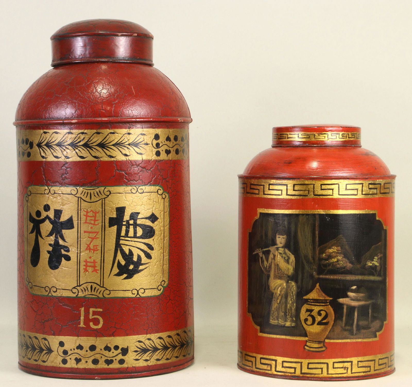 LOT OF TWO CHINESE PAINTED TIN TEA CONTAINERS (1 of 1)