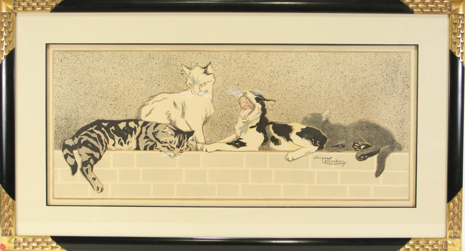 JACQUES LEHMANN "CHATS SUR UN MURET" CAT POSTER: FAMOUS ARTIST JACQUES LEHMANN NAM (FRENCH, 1881-1974) "CHATS SUR UN MURET" VINTAGE CAT POSTER. Height: 27 1/2 in. by Width: 50 in. by Depth: 1 IN.