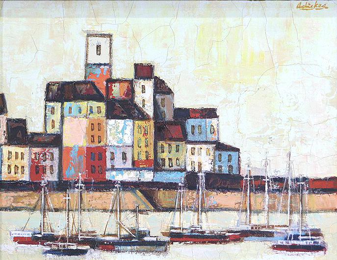 DAVID ADICKES "BUILDINGS WITH BOATS" OIL PAINTING (1 of 5)