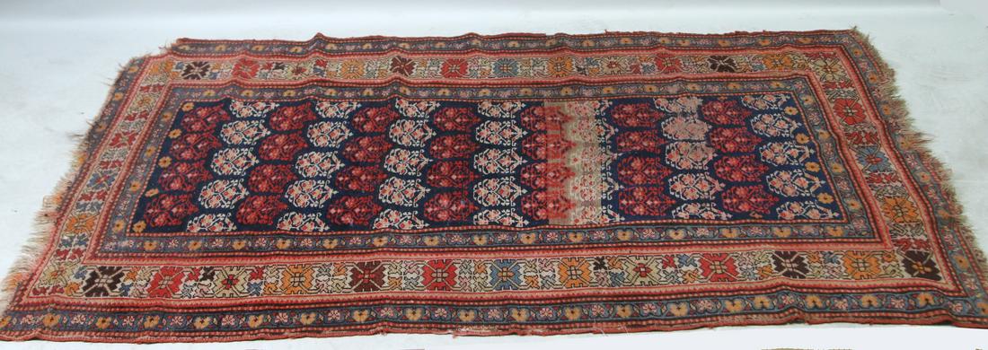 ANTIQUE HAND KNOTTED PERSIAN HAMADAN RUG: ANTIQUE HAND KNOTTED PERSIAN HAMADAN RUG. HAS FRAY SOLD AS IS. Height: 6 ft. 1.5 in. by Width: 3 ft. 9 in.