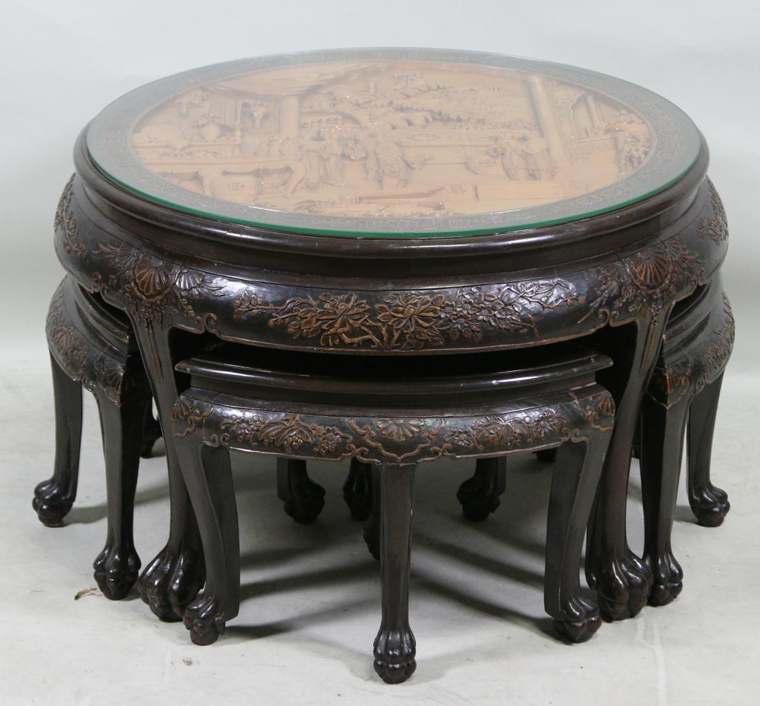 CHINESE CARVED TEA TABLE WITH STOOLS (1 of 6)