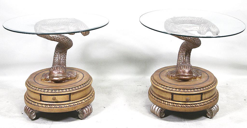 PAIR OF DOLPHIN MOTIFE GLASS TOP END TABLES (1 of 5)